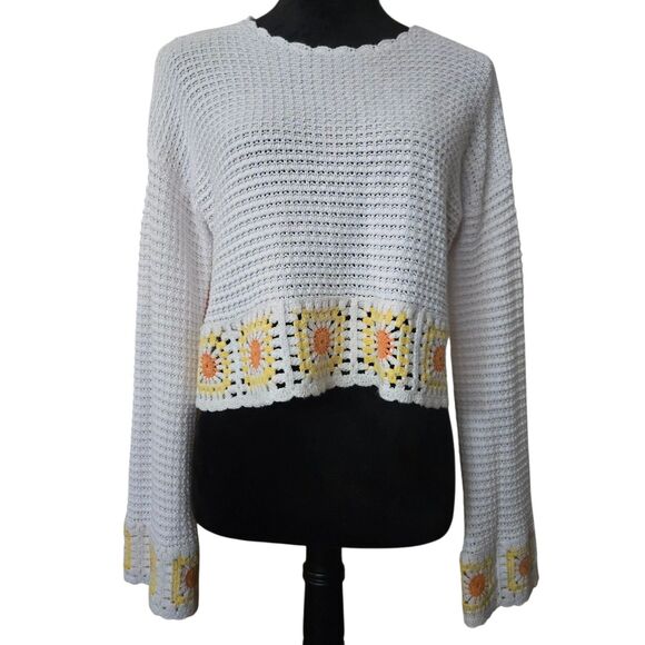 Sincerely Jules M Crochet Knit Sweater Granny Square Grandma Core Butter Yellow - Picture 1 of 11